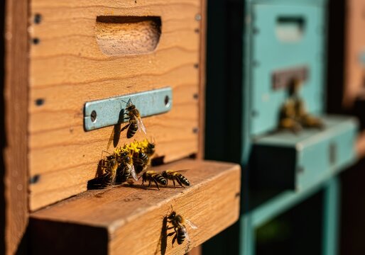 Close-up view of a wooden bee hive box with busy honeybees crawling near the small entrance slot, collecting nectar and pollen ,entrance ,insect ,box