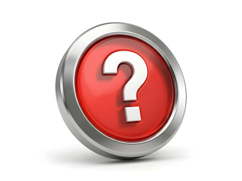 Glossy red question mark button with a thick chrome border isolated on clean white background for support and assistance.