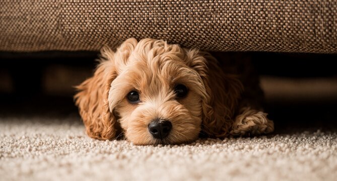 Cute Cavoodle Puppy Hiding Under Sofa