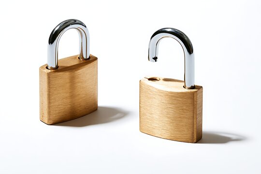 Two brass padlocks, one locked and one unlocked, isolated on white background