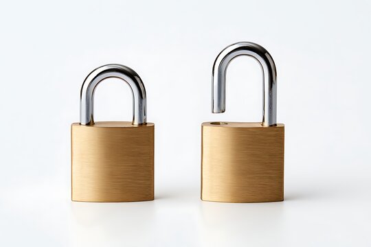Two brass padlocks, one locked and one unlocked, isolated on white background