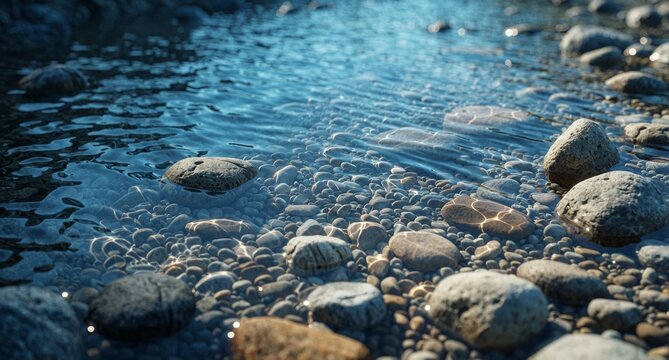 Clear Blue River Water Flowing Over Smooth River Stones and Pebbles