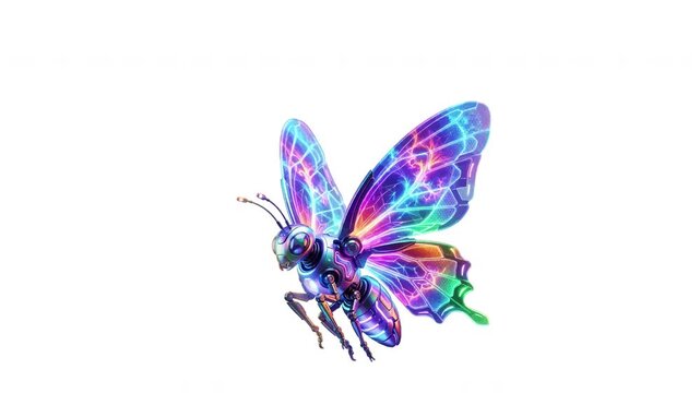 Futuristic Robotic Butterfly with Colorful Glowing Wings on White Background