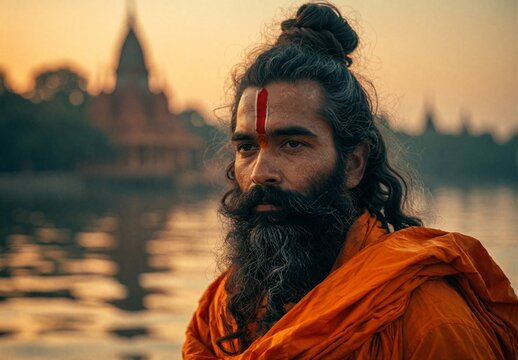 Hindu Sadhu Monk with Long Beard and Tilak at Ganges River Sunset