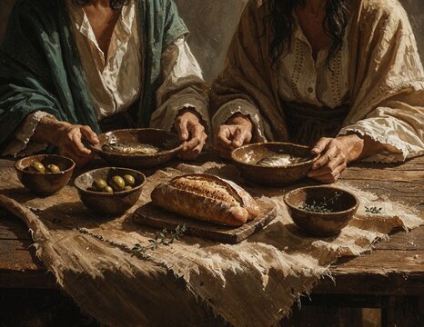 Rustic Rustic Dinner Scene with Bread and Soup Painting