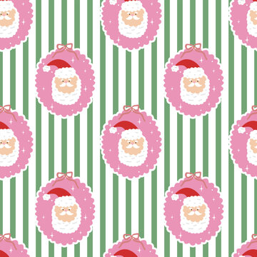 Seamless print with funny cute head Santa Claus and bow and stars