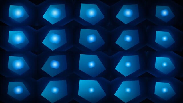 A grid of glowing blue pentagonal shapes set against a dark background