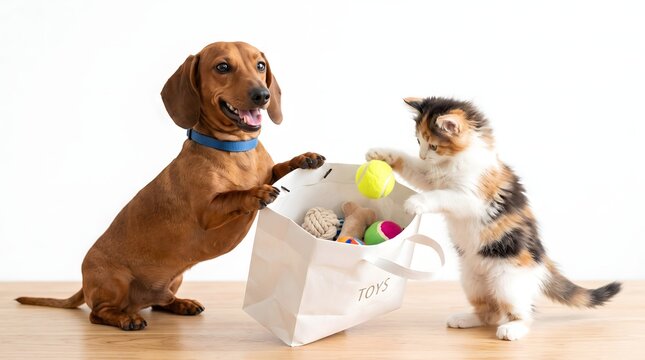Dog Holding Paper Bag Open While Cat Packs Toys Inside