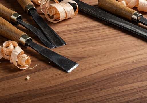 Detailed close-up of natural wood grain and various hand tools used for artisan woodworking, emphasizing skill, tradition, and quality ,bespoke ,traditional ,artisanal
