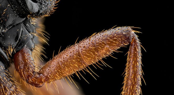 Detailed macro photograph showing the segmented structure and fine hairs covering an insect's jointed walking limb, highlighting adaptation ,macro ,locomotion ,appendage