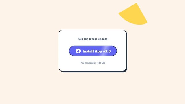 Looping playful download button animation with flat vibrant design, bouncing icon, orbiting SVG blobs, and shining effect.