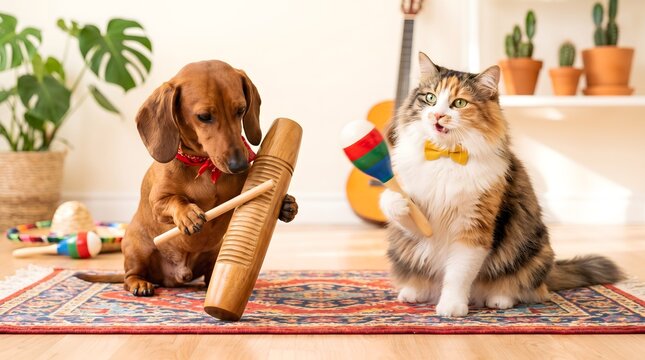 Dog Scraping Guiro Instrument While Cat Plays Maracas