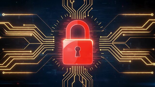 Cybersecurity padlock protection with glowing circuit network, digital encryption, secure data access, firewall defense, privacy technology and futuristic cyber security background video