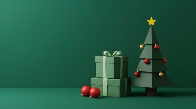 Minimalist christmas scene with geometric tree and gift boxes on a dark green background