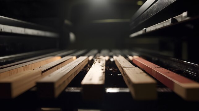 Cinematic shot of wood slats processing on industrial conveyor belt