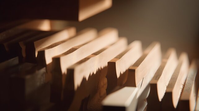 Cinematic shot of wood slats processing on industrial conveyor belt