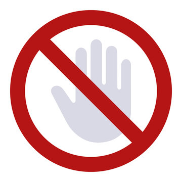 no touching hand prohibition icon vector, pale raised hand crossed by bold red circle and diagonal slash, forbidden contact safety warning restriction symbol isolated on white background 