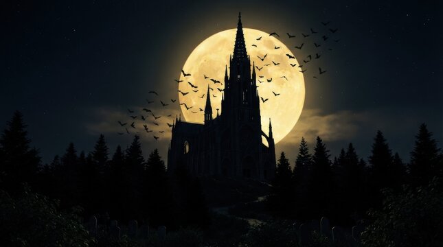 Gothic church silhouette with bats flying at night under full moon