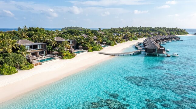 Aerial view of a luxury tropical resort with overwater bungalows and white sand beach in the maldives