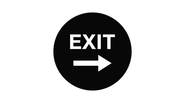 Bold exit sign icon features white text with right arrow inside solid black circular shape design