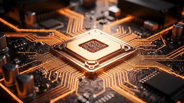 Advanced semiconductor processor animation with glowing copper circuits, high speed data computing, intelligent microchip technology and futuristic digital infrastructure network concept