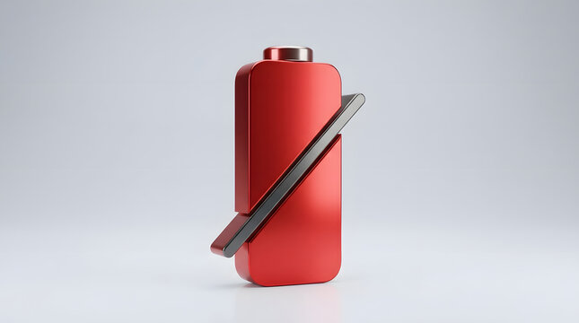 Minimalist low battery icon with a diagonal slash through red power cell symbolizing device shutdown or empty energy levels.