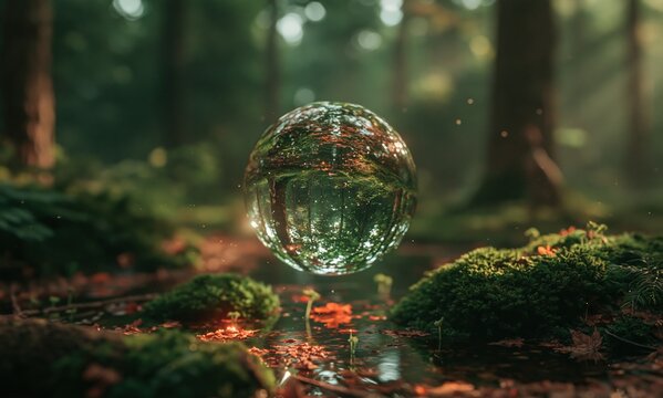 Mystical Orb Reflecting Lush Forest Environment Levitating in Enchanted Woodland Clearing