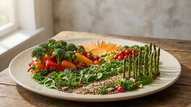 Fresh and healthy vegetable platter with broccoli, asparagus, greens, and mixed vegetables on a large white plate
