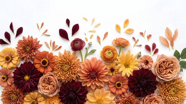 Warm toned autumnal floral arrangement with dahlias and other wildflowers in soft focus