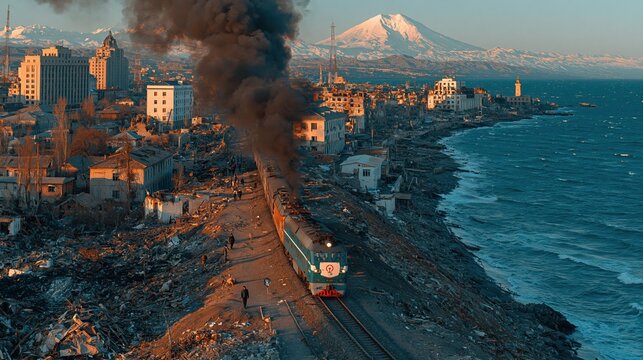 Vintage steam train chugs along a coastal city with a majestic snow-capped mountain in the background at sunset