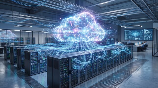 Data center with glowing network connections and futuristic cloud computing visualization