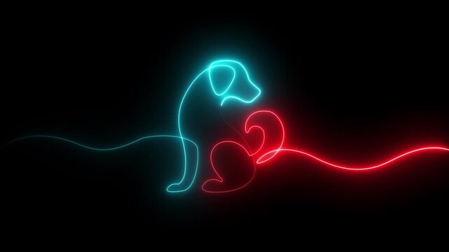 glowing neon continuous one line dog or puppy icon isolated on black background. pet icon with cute animal shape in simple outline style. 4k video animation.