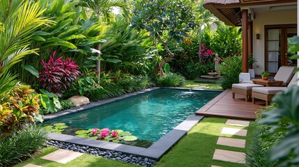Obraz premium Lush tropical garden oasis with a private swimming pool and relaxing lounge area