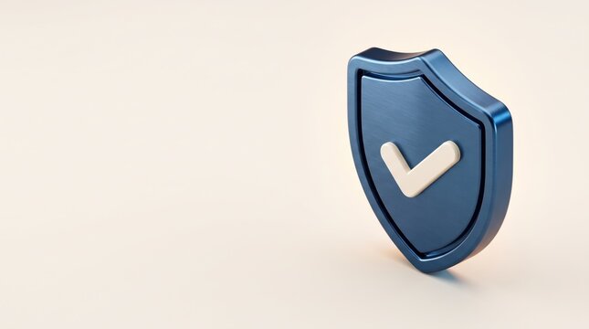 3D blue shield icon with white checkmark for security and protection
