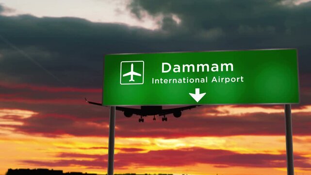 Airplane silhouette landing in Dammam, Saudi Arabia. Plane city arrival with airport direction signboard and sunset in background. Travel, trip and transportation 3d concept.