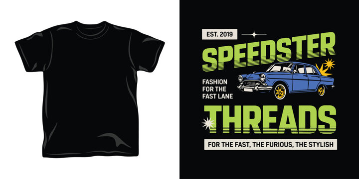 Retro speedster threads t-shirt design with classic blue car, fashion for fast lane, stylish racing automobile concept.
