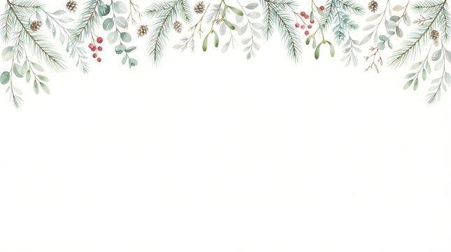 A beautiful christmas winter holiday watercolor botanical greenery border featuring pinecone holly and red berries isolated on a clean white background