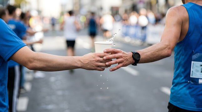 Participants in a marathon reach out for water cups being handed from the sidelines on a busy city street. The event takes place during daylight hours amid cheering crowds