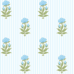 Seamless Mughal floral buti pattern on blue stripe, Indian block print rose motif for fabric, wallpaper and home decor © Nidh Bhatt