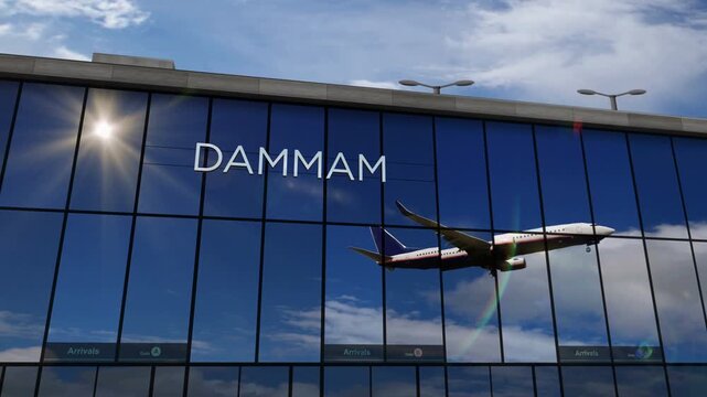 Plane landing at Dammam, Saudi Arabia. Arrival in the city with the glass airport terminal and reflection of the jet aircraft. Travel, business, tourism and transport 3D concept.