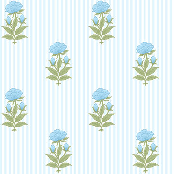 Seamless Mughal floral buti pattern on blue stripe, Indian block print rose motif for fabric, wallpaper and home decor