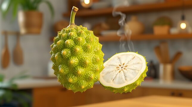 Fresh soursop cut open with white flesh and steam on wooden table.