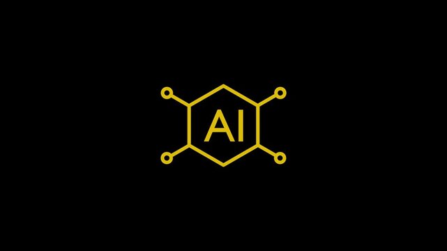 Yellow hexagon artificial intelligence circuit logo animation on black background loop 4k