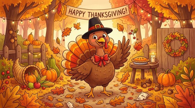 Happy cartoon turkey waving in autumn scene