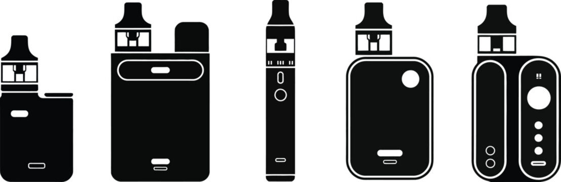 Electronic, cigarette vape icons featuring pod devices, vaporizers, smoking alternatives, black glyph symbols and clean vector designs.