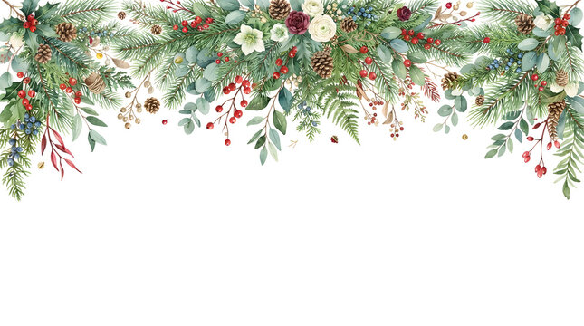 A beautiful christmas winter holiday watercolor botanical greenery border featuring festive pinecone holly berries and elegant foliage on white background isolated