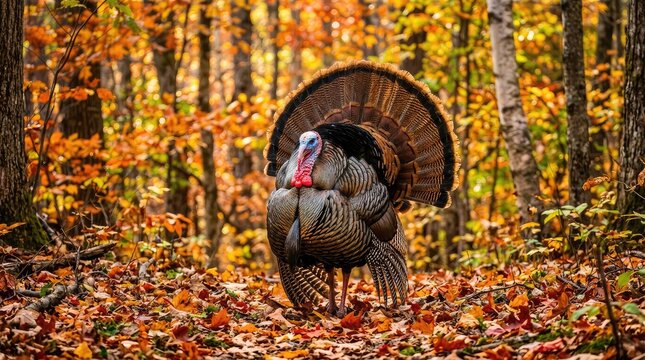 Wild turkey walking in autumn forest