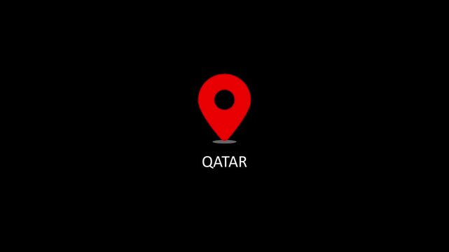 Qatar location pin animation on black background, travel destination map marker