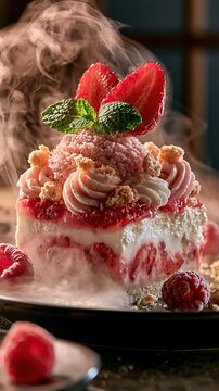 Gourmet Strawberry Raspberry Dessert with Cream and Mint Smoke Effect