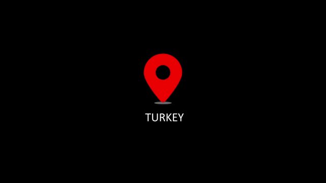 Turkey location pin animation on black background, travel destination map marker